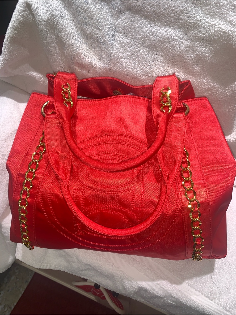 bebe Red Satin Shoulder Tote with Gold Chain Accents - Picture 3 of 10